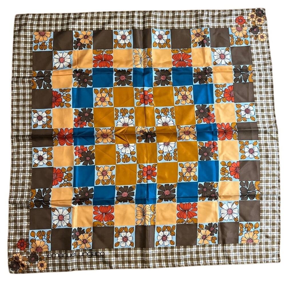 Emanuel Ungaro Square Silk Floral and plaid Scarf Made in Italy 30x30 inches